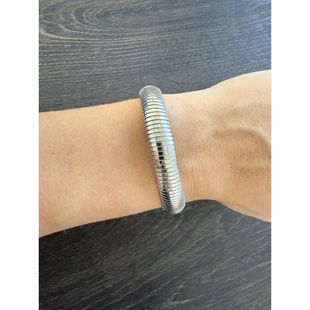 Vintage Monet Silver Tone Ribbed Omega Bracelet Chunky 80s Signed